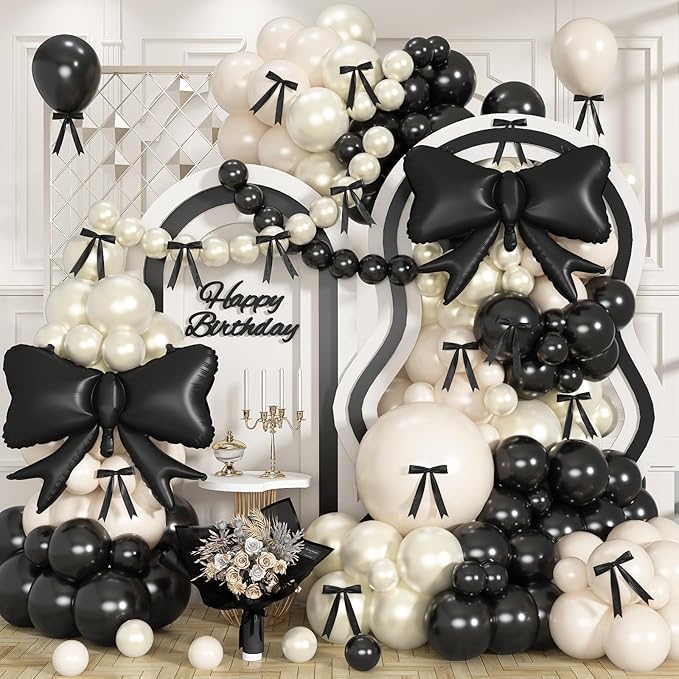 Black Bow Balloon Arch, Black White Coquette Birthday Decorations, Double Stuffed Pearl Sand White Ivory Black Balloon Garland with Foil Bow Balloons for Engagement Wedding Bridal Shower Bachelorette