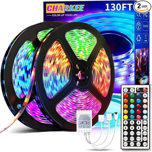 CHARKEE LED Strip Lights 130ft (2 Rolls of 65.6ft) Ultra Long RGB Color Changing LED Light Strips Kit with 44Keys Remote for Bedroom, Kitchen, Home Decor, Room, Dorm Room, DIY Mode