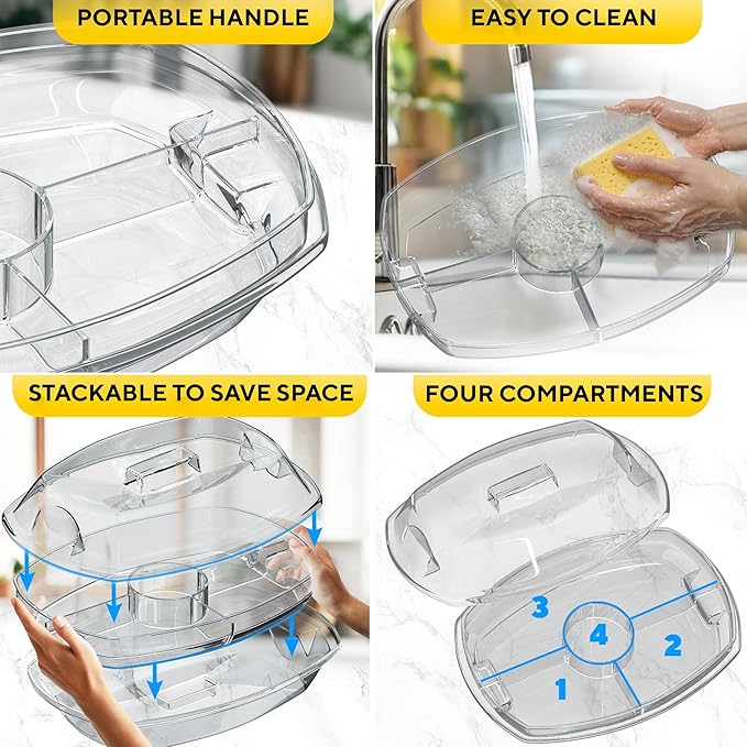 Premium Chilled Serving Tray for Parties - 15" Ice Chilled Party Platter w/Lid & Dip Holder - Functional Cold Dish w/ 4 Compartments - Perfect for Fruits, Veggies, Shrimp Cocktail - Keeps Food Cool