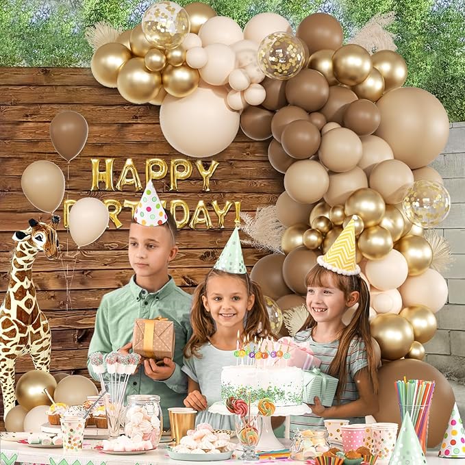 147pcs Brown Balloon Arch Garland Kit, Different Sizes with Dark Brown Light Brown Sand White Metallic Gold Balloons for Boho Neutral Birthday Wedding Jungle Bear Baby Shower Decorations