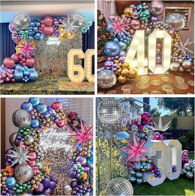 FOTIOMRG 135pcs Disco Balloon Arch Kit with Disco Ball Balloons Silver Blue Green Purple Hot Pink Gold Metallic Balloons, Star Disco Foil Balloons for Birthday 70S 80S 90S Disco Party Decoration