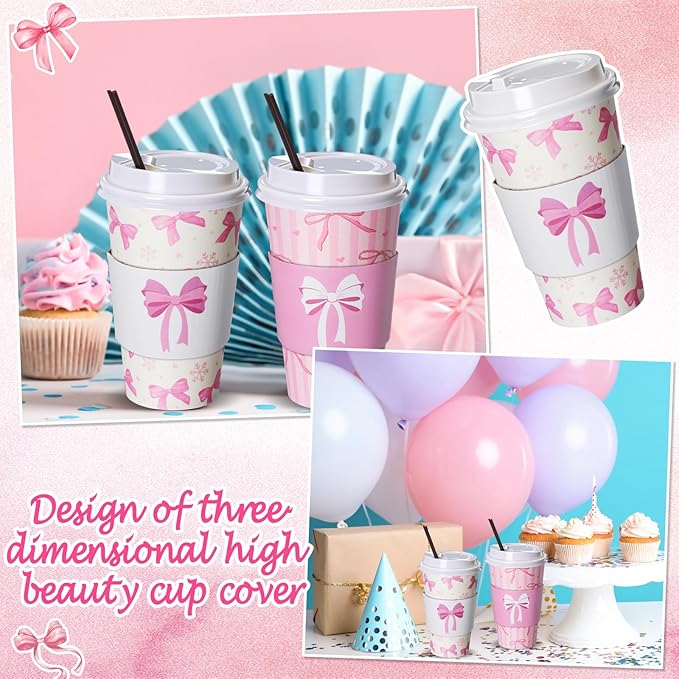 Jingmore 50 Set Pink Bow Coffee Cups with Lids, Straws and Sleeves Pink Bowknot Disposable Drinking Cup for Wedding Coquette Birthday Baby Shower Bachelorette Party Supplies (16 oz)