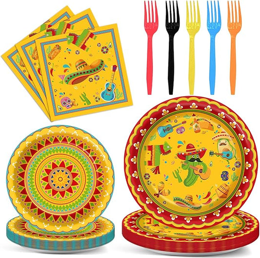 100pcs Mexican Fiesta Plates and Napkins Party Supplies Mayo Party Day of The Dead Tableware Kit Disposable Fiesta Decorations for Taco Birthday Parties Favors Dia De Los Muertos Decor