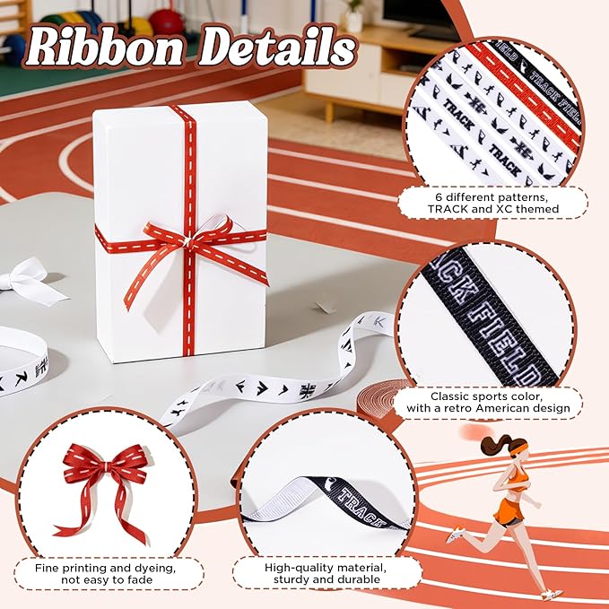 Track and Cross Country Ribbon Set 6 Rolls of Polyester Athletic Ribbon with Track, XC, and Runner Designs, 30 Yards x 3/8inch Track Meet Ribbons for Gifting Wrapping, DIY Crafting, Team Decor