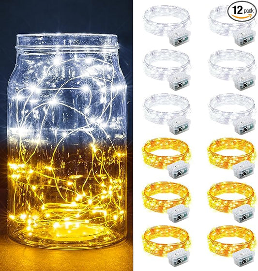 12 Pack Fairy Lights 7Ft 20 LED Twinkle String Lights 3 Modes Battery Operated Waterproof Firefly Starry for Mason Jar Party Wedding Christmas Valentines Day Table Centerpieces,Warm White + White