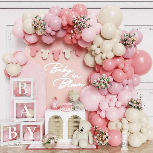 144Pcs Boho Baby in Bloom Balloon Arch Kit, Baby Shower Decorations, Vintage & Dusty Pink Sandy White Balloons with BABY Letter Boxes, Boho Floral Party Supplies for Baby Shower Gender Reveal Birthday