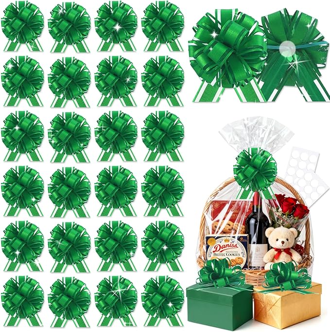 24pcs Green Pull Bow for Gift Basket Wrapping Xmas Gift Bows Adhesive Presents Wrap Ribbon Bow for Christmas Tree Ornament Wine Bottles Bouquet Flower Valentine's Day Party Decor (Green-G)
