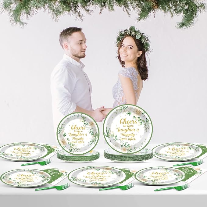 96Pcs Bridal Shower Party Supplies Eucalyptus Leaves Wedding Paper Plates Nankins Sage Green Party Decoration Engagement Cheers to Love Bridal Shower Holiday Dinnerware Party Favor Tableware Serves 24