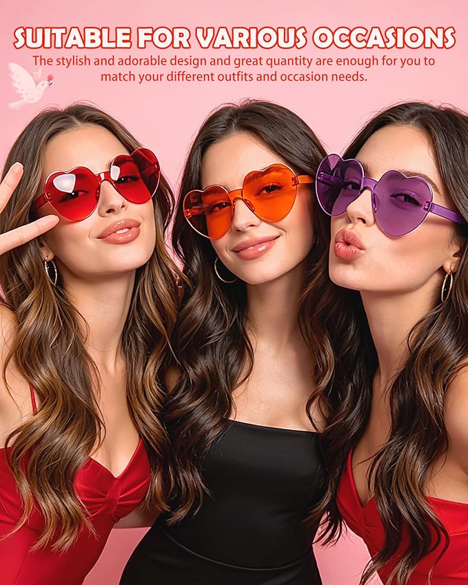 20 Pairs Heart Shaped Sunglasses Bulk, Colorful Rimless Fun Heart Sunglasses for Women Party Favors
