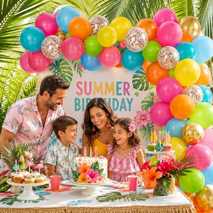 Tropical Balloons, 60Pcs Summer Balloon Hot Pink Orange Teal Blue Yellow Green Gold Colorful Balloons with Rainbow Confetti Balloon for Hawaiian Aloha Luau Pool Birthday Beach Party Decorations
