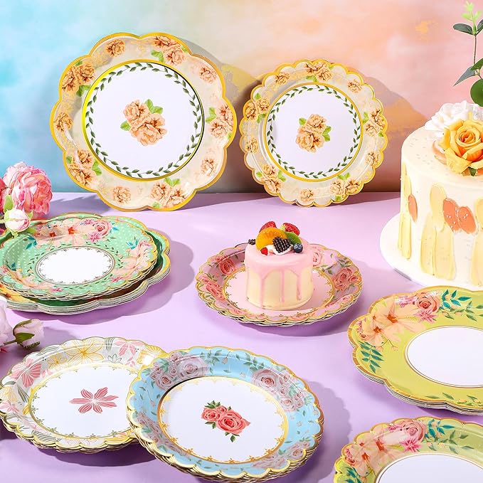 144 Pcs 48 Guests Floral Party Plates and Napkins Vintage Scalloped Floral Paper Plates Napkins Disposable Tableware for Birthday Bridal Baby Shower Wedding Decorations Tea Party Supplies