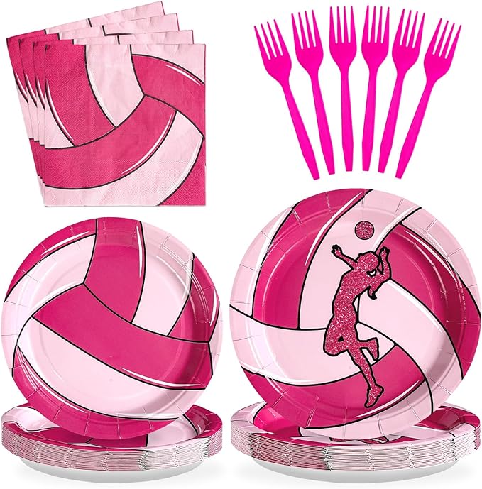 Grencian 96Pcs Pink Volleyball Party Supplies Volleyballs Paper Plates and Napkins Sports Birthday Party Disposable Tableware for Girl Volleyball Birthday Decorations Serves 24