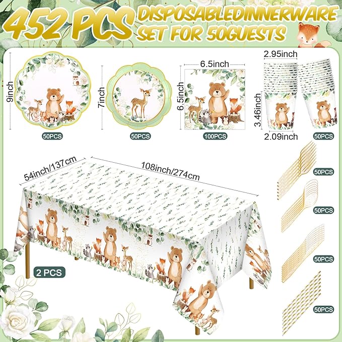 Potchen 452 Pcs Party Supplies Serve 50 Guests, Paper Plates Napkins Cups Cutlery Plastic Tablecloth Dinnerware for Birthday Wedding Party Decoration (Sage Green, Woodland)