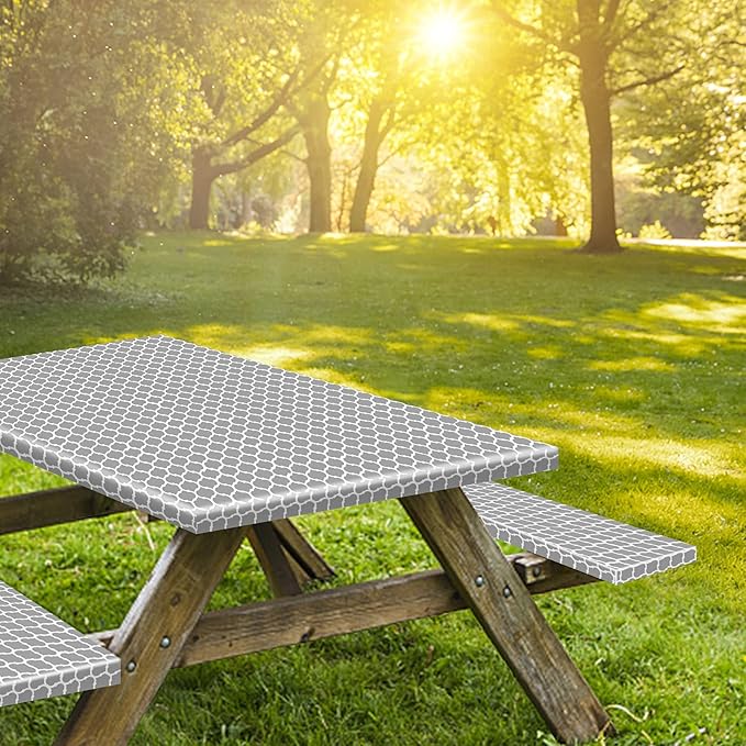 6ft Picnic Table and Bench Cover, Camping Essentials RV Gear, 72in Waterproof Windproof Outdoor Elastic All Around Tablecloth, Fitted Rectangle Tables and Seats, Gray-White Moroccan