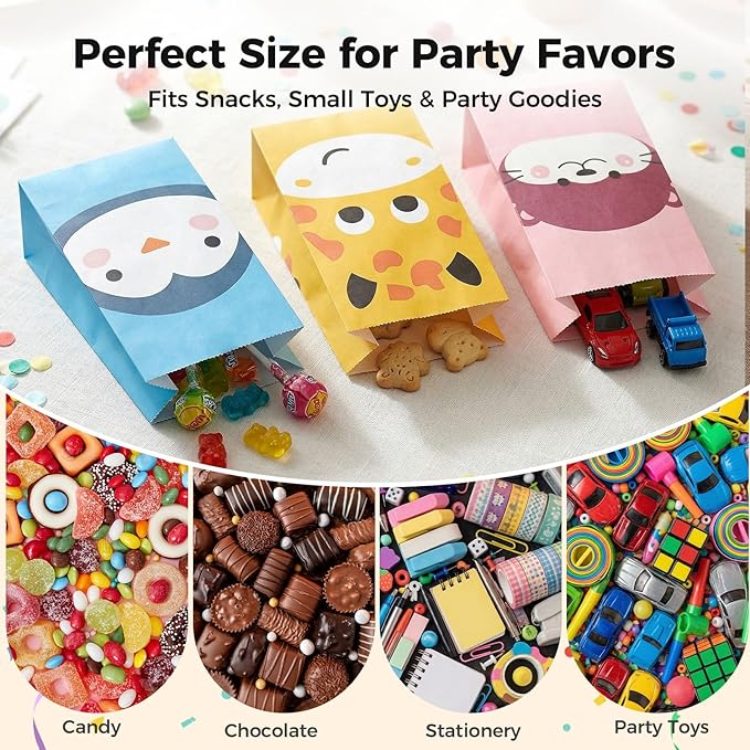 VGOODALL 24 Pack Party Favor Bags with Stickers, 4.7"x 3.1"x 8.7" Animal Paper Treat Bags for Kids Birthdays Classroom Rewards Goodie Gift Supplies