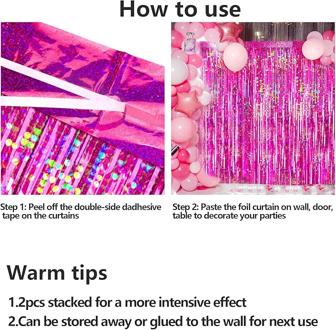 4 Packs Hot Pink Foil Fringe Curtain, Pink Glitter Metallic Tinsel Backdrop for Birthday, Wedding, Baby Shower, Bachelorette Cowgirl Princess Party Decorations Supplies
