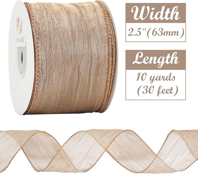 HUIHUANG Rose Gold Wired Ribbon Wavy Metallic Wired Ribbon 2-1/2 inch Wide Crinkle Wire Ribbon for Gift Wrapping Basket Wreaths Bows Making Home Decor DIY Crafts Christmas Tree Top Bows -10 Yards