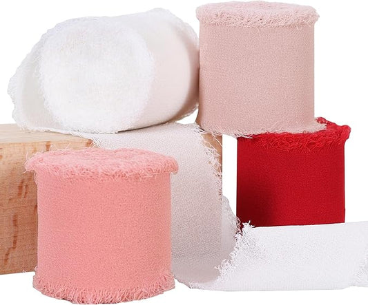 TONIFUL 4 Rolls Silk Chiffon Ribbon 1-1/2 Inch x 22 Yards Red Pink and White Handmade Fringe Valentine Ribbon Set for Gift Wrapping Bridal Bouquets Crafts Wedding Valentines Decoration