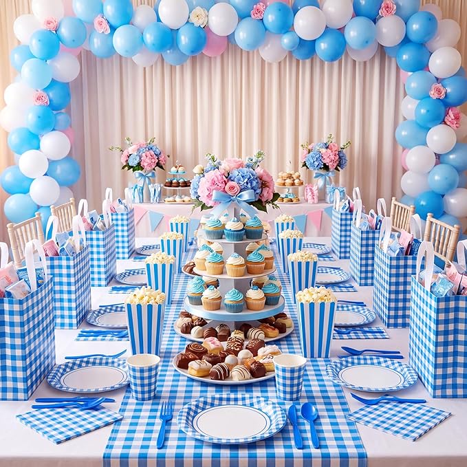 Sweetude 16 Pcs Dark Blue White Checkered Gift Bags with Handles Gingham Dark Blue and White Party Favors Non-woven Reusable Tote for Women Wedding Birthday Baby Shower Mother's Day Party Decorations