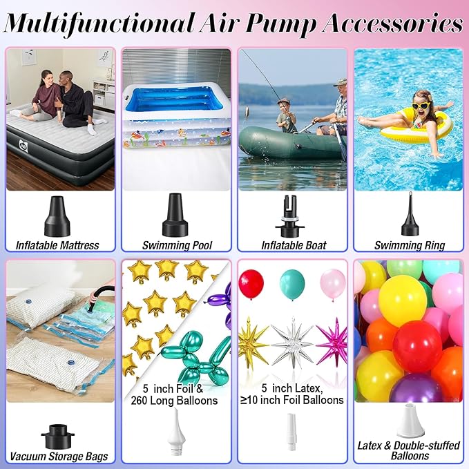 Togvu Electric Balloon Pump, 3-in-1 Portable Air Pump for Inflatables and Balloons, Dual Nozzle Balloon Blower Machine for Latex 260q Foil Balloons 110V Inflator Deflator for Pool Floats Air Mattress