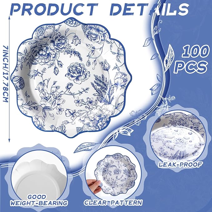 100 Pcs Chinoiserie Paper Plates Disposable Dessert Baby Bridal Shower Party Supplies Floral Dessert Plates Bulk Birthday Tea Party Serving Tray for Wedding Birthday