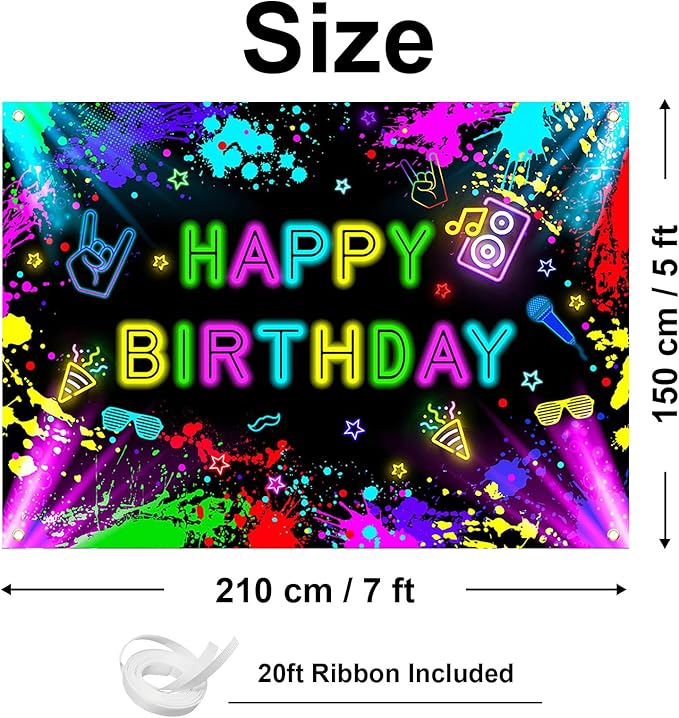 Neon Birthday Backdrop 7x5 ft Glow in The Dark Banner Neon Birthday Party Decorations Glow Photography Background Photo Booth Props