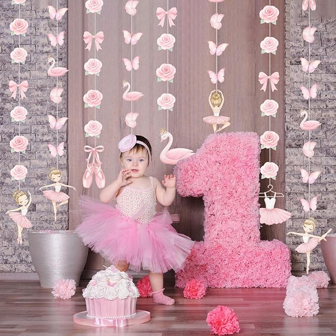 Daifunli 8 Pcs Ballerina Party Decorations Ballet Dancer Birthday Hanging Garlands Banner Pink Swan Rose Butterfly Paper Cutouts for Girls Wall Ceiling Decor Ballet Birthday Party Supplies