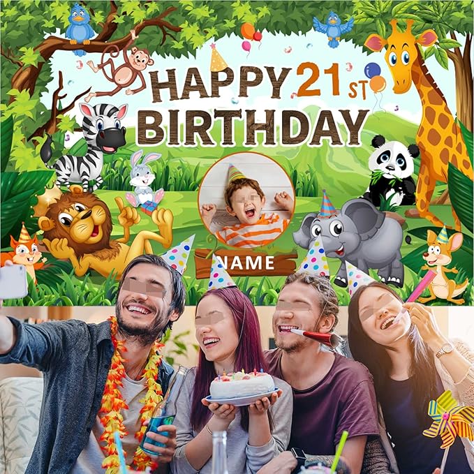 Custom Wild Jungle Theme 21st Birthday Decorations Banner - Personalized Fabric Banner for 21st Birthday Party Supplies