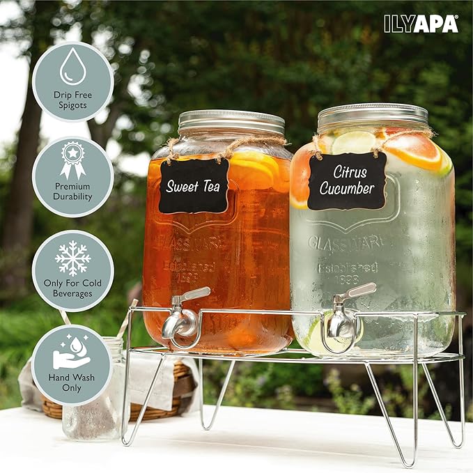 Ilyapa 2 Gallon Drink Dispenser, 2 Pack with Metal Base, Stainless Steel Spigot - Drink Dispensers for Parties, Beverages Such As Lemonade, Tea, Water