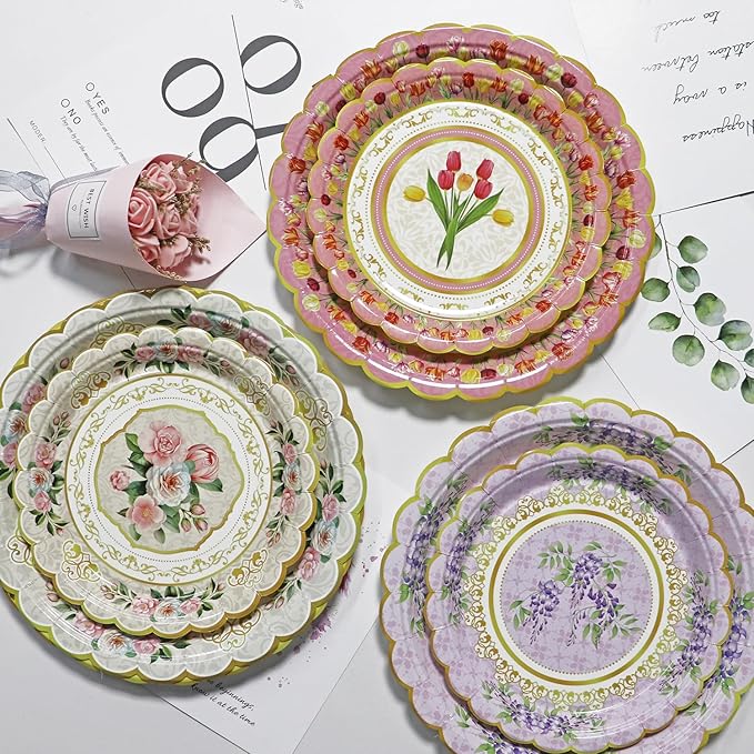 60-Pack Floral Paper Plates, Tea Party Decorations, 9 Inch Disposable Floral Plates for Tea Party, Baby Shower, Bridal Shower, Birthday, Wedding and Any Celebration
