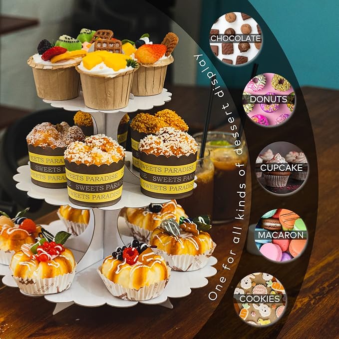 3-Tier White Cupcake Stand,Cardboard Dessert Display Tower, Versatile Party Serveware for Wedding Birthday All Occasions, Easy Assembly (2-Pack)
