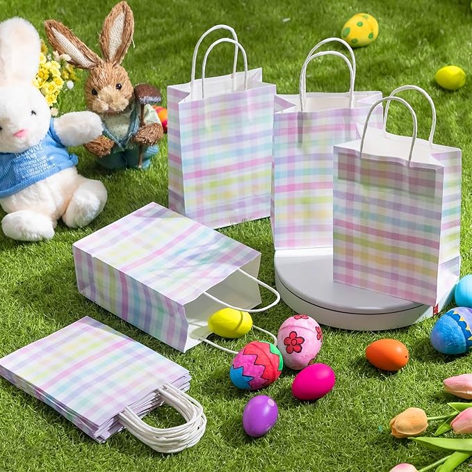 Humyoun 24 Pcs Spring Easter Checkered Gift Bags Easter Goodies Bags Spring Paper Gift Bags with Handles Easter Egg Hunt Party Treat Bag for Spring Easter Party Supplies