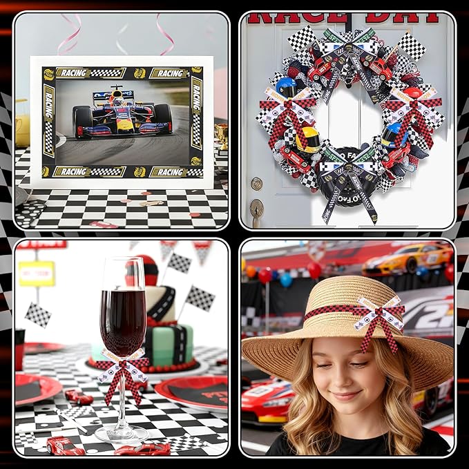 6 Pieces Racing Ribbon 3/8 Inch x 30 Yards Grosgrain Ribbons Checkered Flag Race Car Patterns Ribbon Motorsport Gift Wrapping Ribbons for Sports Awards Party Decoration Racing Events