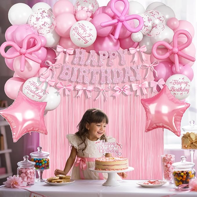 Pink Bow Birthday Decorations, Coquette Party Decoration for Girls Women Pastel Light Pink White Bow Latex Balloons Happy Birthday Banner Cake Topper for Baby Shower Bachelorette Party Decor Supplies