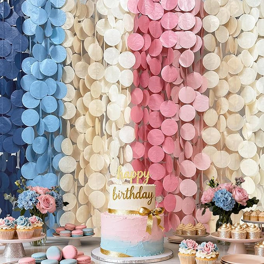 205 Ft Dusty Rose Pink Blue Khaki Beige Circle Dot Backdrop Garland Tissue Paper Polka Dots Hanging Streamer for Gender Reveal He or She Boy or Girl Baby Shower Birthday Wedding Party Decorations