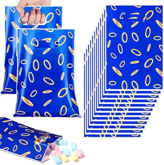 Clysee 50 Pcs Video Game Party Favors Bags Blue with Gold Ring Print Themed Goodie Bag Video Game Candy Treat Plastic Bags for Gamer's Party Decorations Birthday Parties Favor Gifts Snack Supplies