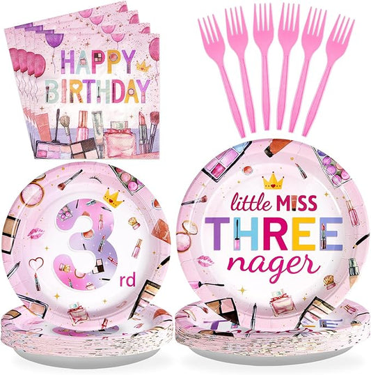 Grencian 96 Pcs Threenager Birthday Decorations Girl Makeup Spa 3rd Birthday Plates and Napkins Little Miss Threenager Birthday Decorations for 3 Year Old Girl Serves 24
