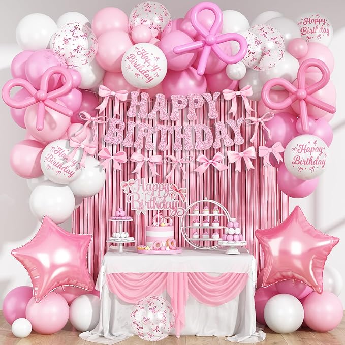 Pink Bow Birthday Decorations, Coquette Party Decoration for Girls Women Pastel Light Pink White Bow Latex Balloons Happy Birthday Banner Cake Topper for Baby Shower Bachelorette Party Decor Supplies