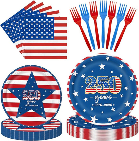 96 Pieces 4th of July 250th Anniversary Tableware Set – Patriotic Disposable Plates, Napkins, and Assorted Color Forks for Independence Day Party, Memorial Day, BBQ, and USA Celebration – Serves 24