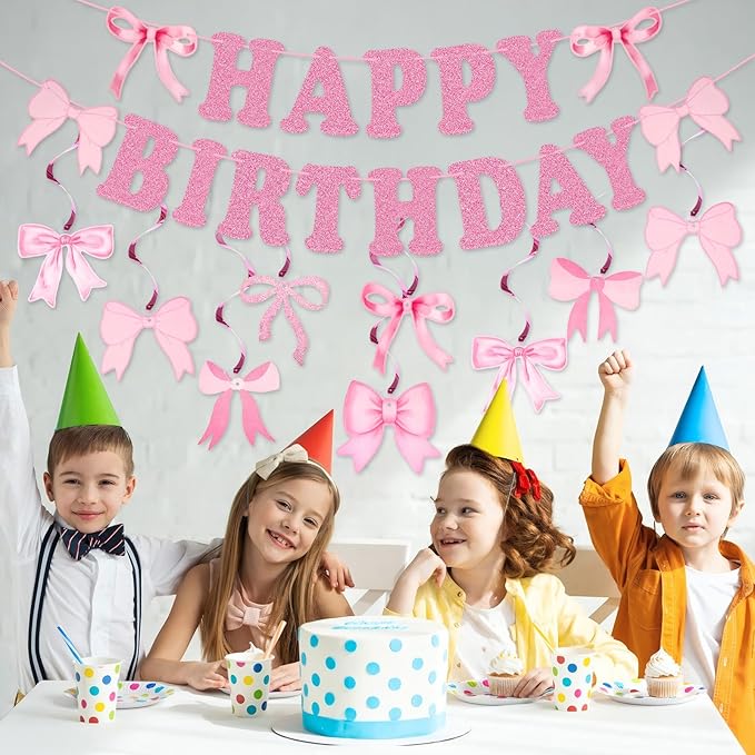 jijAcraft Pink Happy Birthday Banner, Pink Bow Party Banner with 14Pcs Bow Swirls Hanging Garland, Girl Baby Shower Garland, Coquette Birthday Decoration for Wall, Fireplace, Window