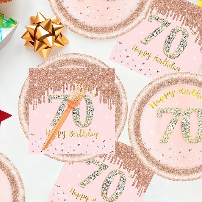 60 PCS 70th Birthday Decorations for Women, 70th Birthday Plates and Napkins Rose Gold Disposable Tableware Set Party Supplies for Women Cheers to 70 Years Anniversary (70TH)