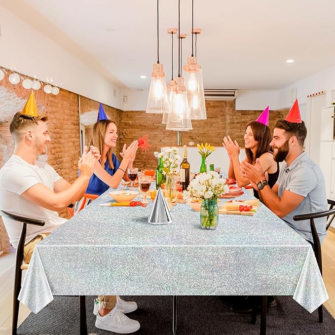 Just Shimmer Sparkling Holographic Laser Tablecloth - Shimmering, Waterproof, Easy to Clean - Ideal for Bachelorette, Birthday, Wedding, and Anniversary Party Decorations (Pink & Silver, 2)