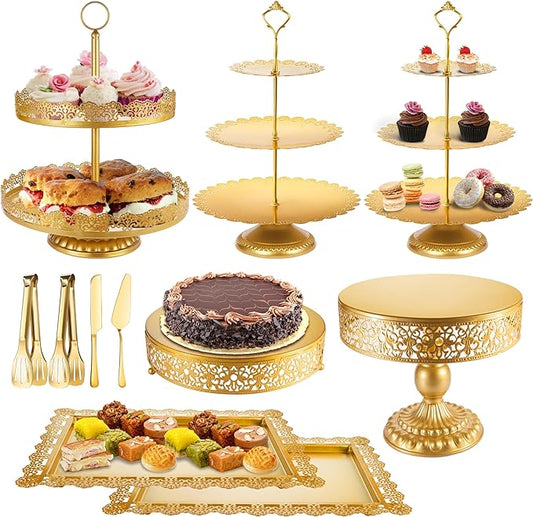 ELIMTEC Gold Cake Stand Metal Dessert Table Display Set Tiered Cupcake Holder Fruit Candy Donut Plate Serving Tower Tray Platter (Gold)