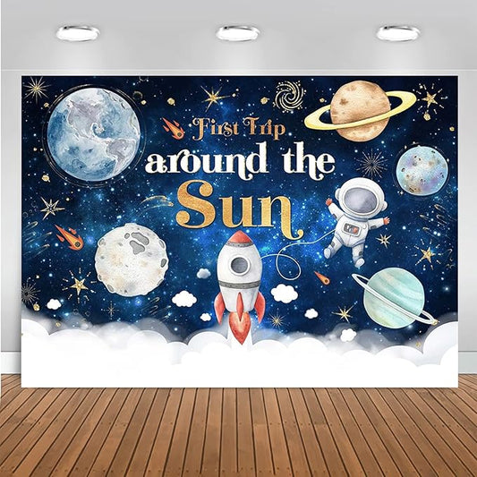 Mocsicka First Trip Around The Sun Birthday Backdrop for Boy Outer Space Sun 1st Birthday Party Decoration Galaxy Blast Off Moon Planets Rocket 1st Trip Around The Sun Cake Table Banner(82''x60'')