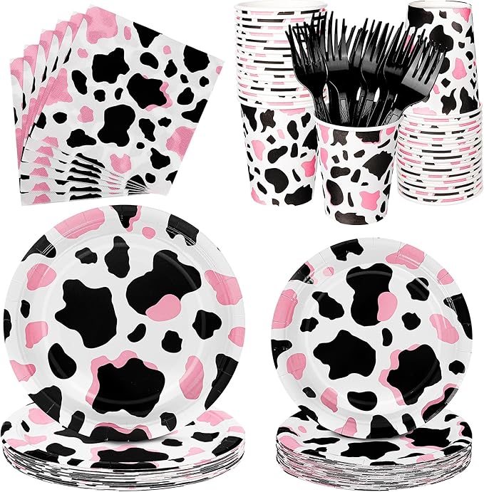 Kochorie 144 Pieces Pink Cow Print Party Supplies, Cowgirl Pink Cow Tableware Sets Including Disposable Paper Plates Napkins Cups Forks Serves 24 for Baby Shower Birthday Party Decorations