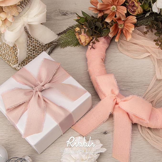 Ribbli 3 Rolls Pink Ribbon 1.5 Inch x 18Yards Ivory Blush Dusty Pink Handmade Cotton Frayed Fringe Ribbons for Gift Wrapping Wedding Invites Bridal Bouquets Baby Shower DIY Crafts Home Decor