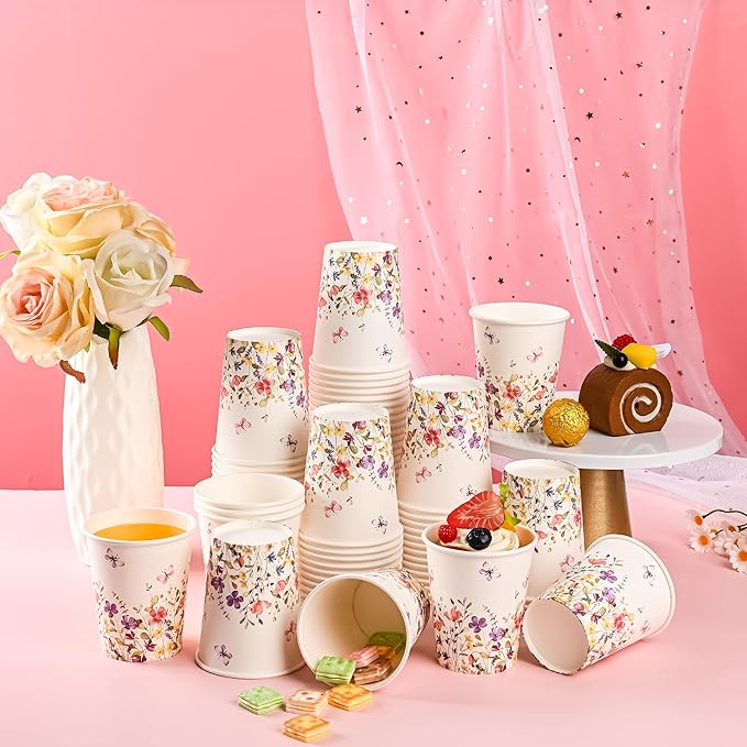 AllReal 100Pcs Wildflower Paper Cups Watercolor Pink Violet Wild Flowers Party Cups 9oz Summer Floral Butterflies Disposable Coffee Cup for Birthday Bridal Baby Shower Party Supplies