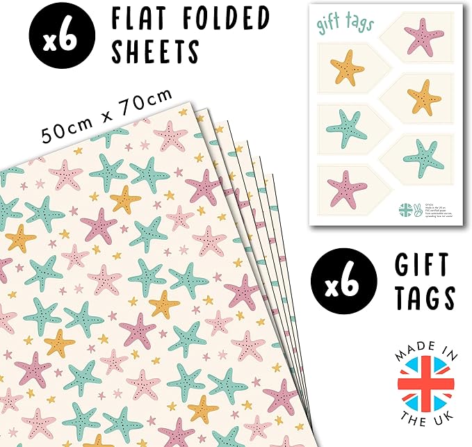 CENTRAL 23 Beige Wrapping Paper - 6 Sheets Of Birthday Gift Wrap For Women - Starfish - Holiday Beach Tropical - Summer Wrapping Paper - Comes With Stickers