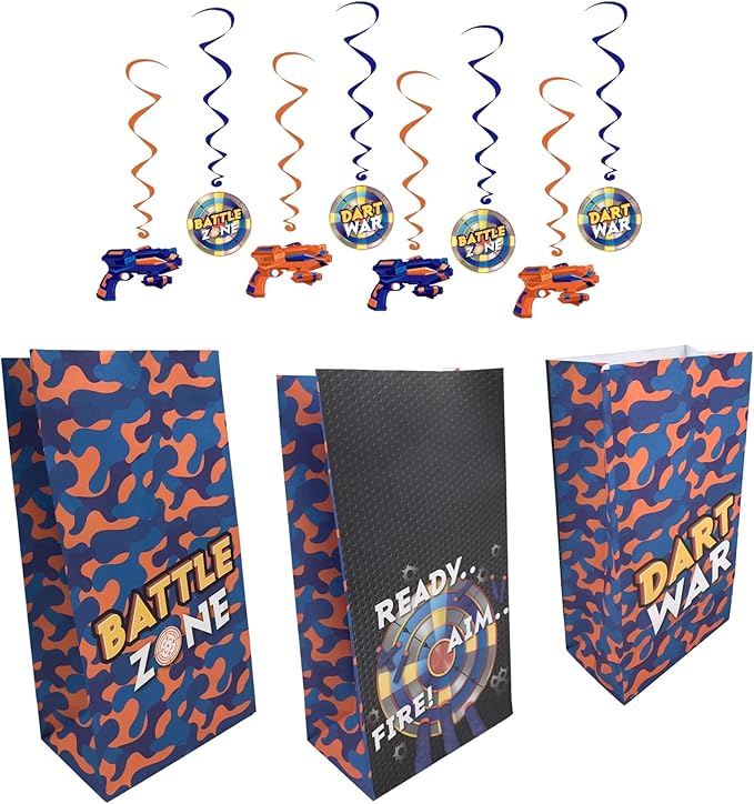 Serves 16 Dart War Party Supplies Includes 16 Treat Bags, 1 Happy Birthday Banner, 8 Swirls, 16 Stickers Ideal for Dart War theme Birthday Party
