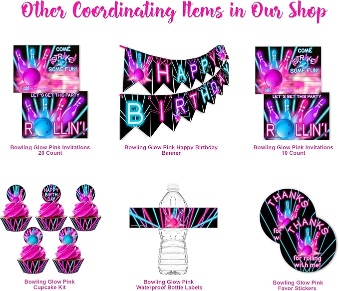 Bowling Cupcake Toppers and Cupcake Wrappers - 24 Cupcake Toppers and 24 Cupcake Wrappers - Bowling Party Supplies - Bowling Party Decorations - Glow Pink Cupcake